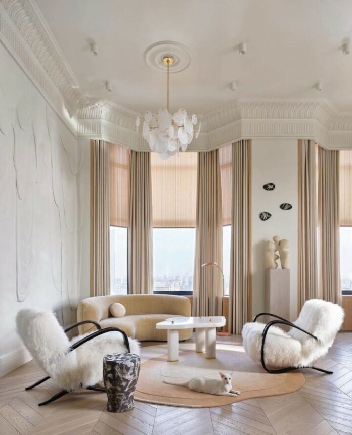 elegant modern French style beige cream living room with high ceilings