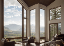 Apexed floor-to-ceiling window overlooking the great outdoors.