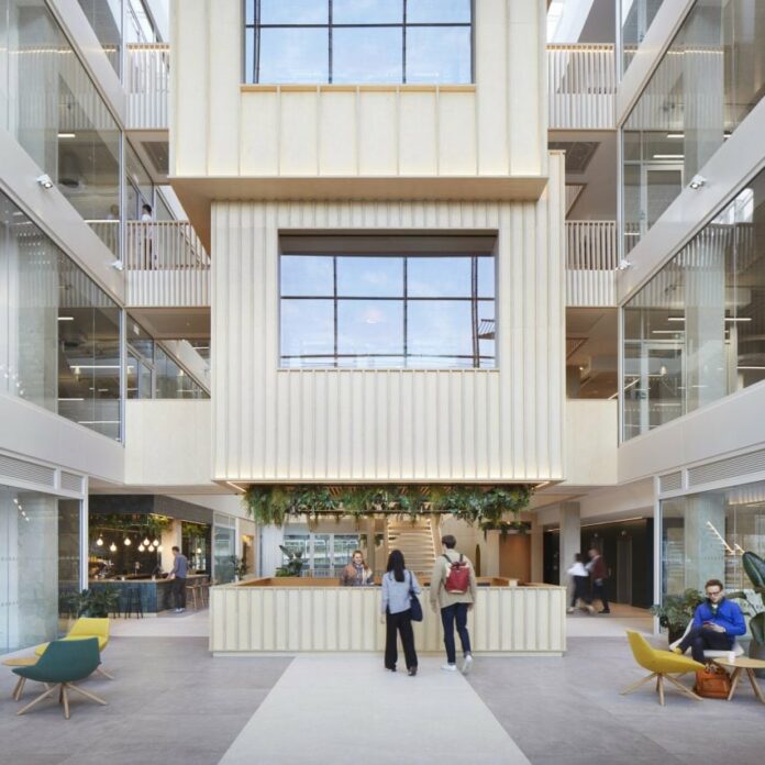Atrium at the Here+Now office building by HawkinsBrown