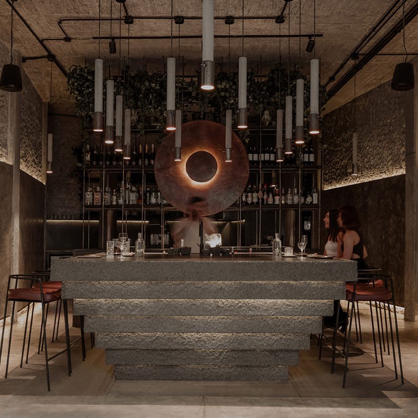 Mexico City restaurant by RA! arranged around upside-down pyramid bar