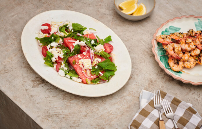 Julia’s BBQ Prawns With Watermelon + Feta Salad