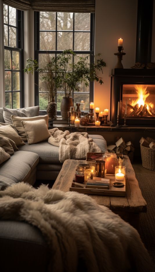 winter cozy modern living room with fireplacw and large French windows