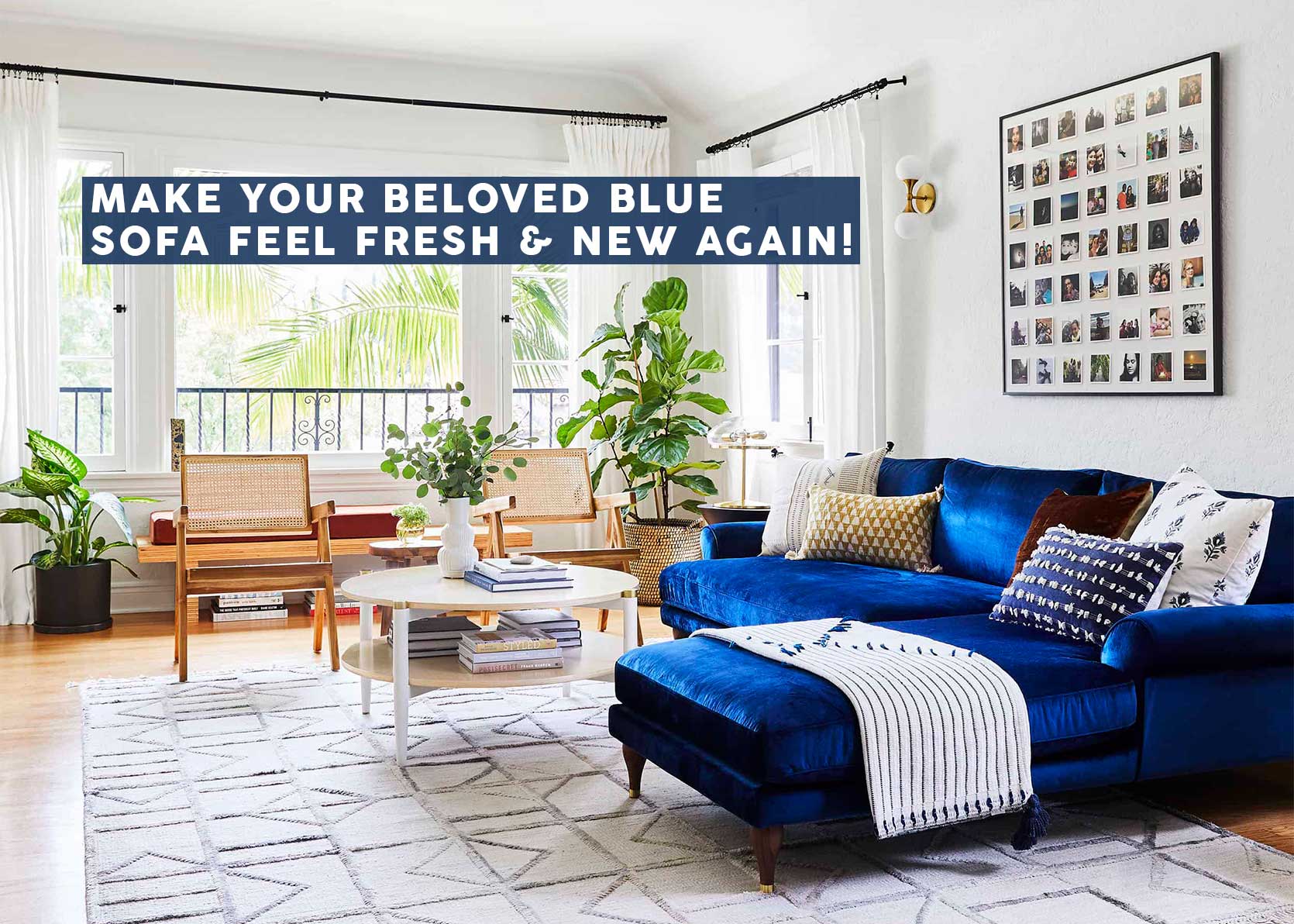 3 Color Palettes To Try In Your Living Room to Refresh Your Blue Sofa