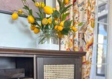 DIY cane cabinet door makeover in a living room.