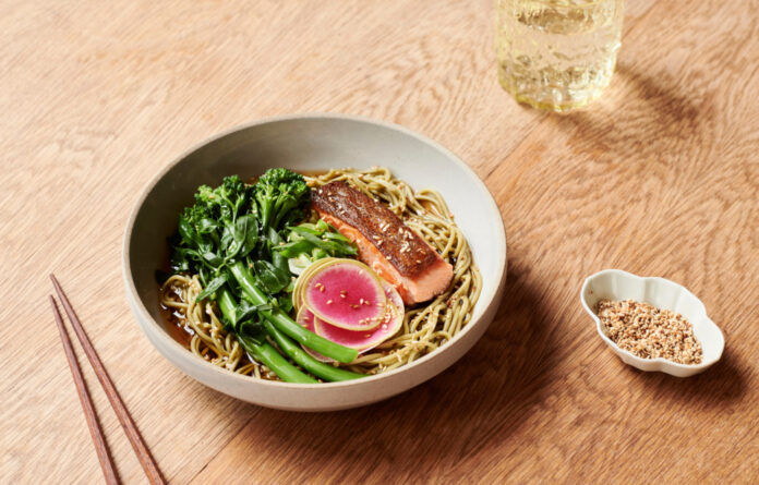 Julia’s Green Tea Soba Noodles With Salmon + Broccolini