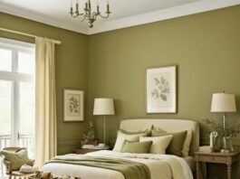 A chic bedroom with olive green walls and cream decor.