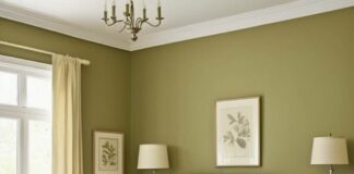 A chic bedroom with olive green walls and cream decor.