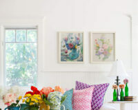 cheery and colorful living room with lots of happy colors.