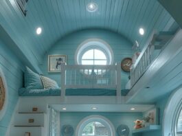 light blue tiny cabin