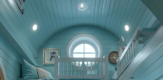 light blue tiny cabin