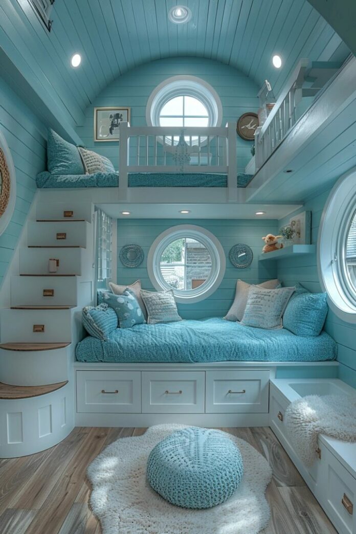 light blue tiny cabin