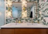 green and white bathroom wallpaper with double sinks in home remodel in culver city