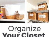 4 images showing an organized clothes closet. Text overlay says Organize your closet with these doable ideas.