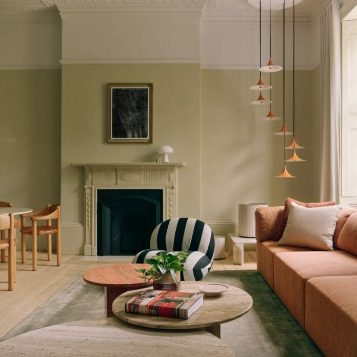 First floor of Gubi House London with pale green walls