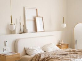 serene neautral simple bedroom design with wood floating wall mounted nightstands and Bedside Pendant Lights